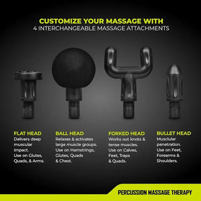 Side view of massage gun with interchangeable attachments laid out, designed for targeting different muscle groups