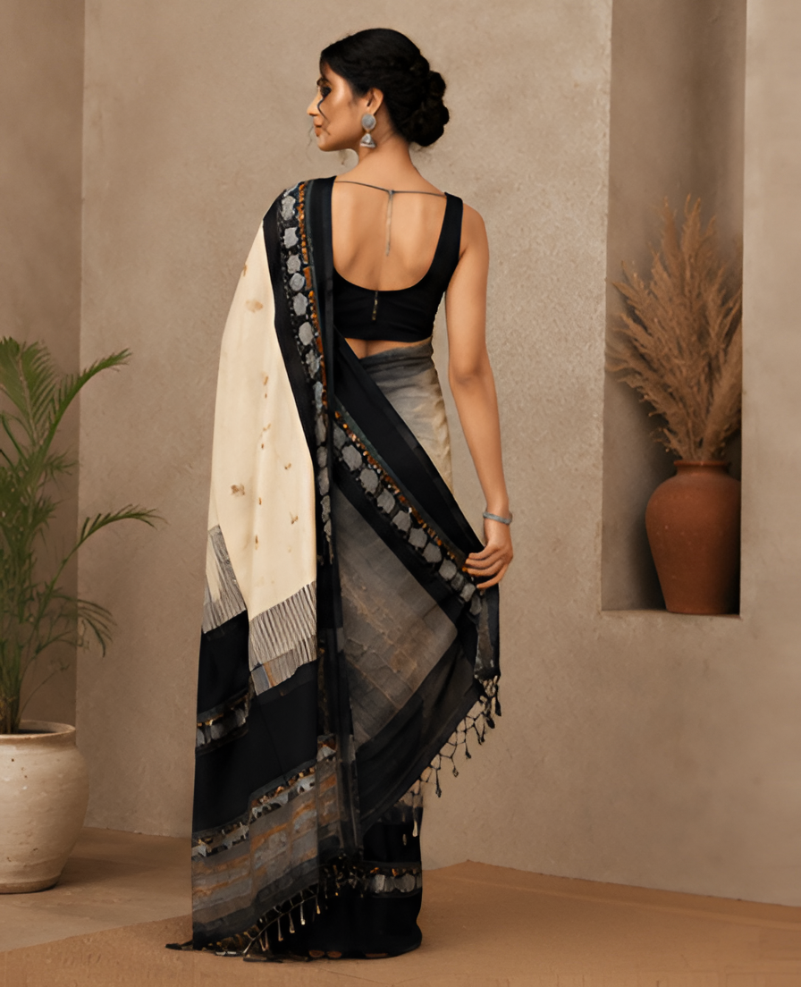 Mama Khadi - Black & Off-White Handloom Pure Khadi Cotton Saree with Kantha Embroidery Border