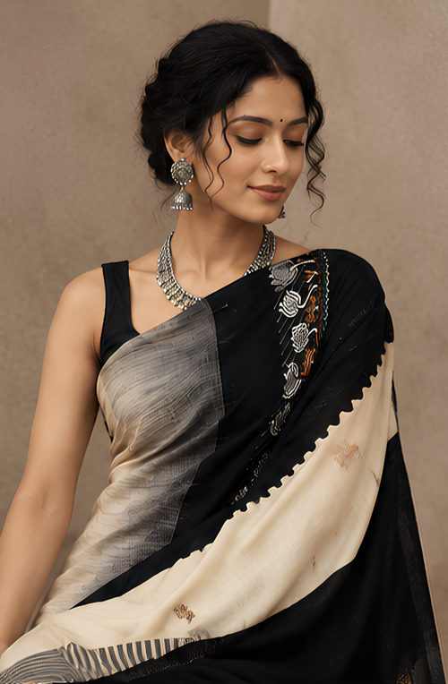 Mama Khadi - Black & Off-White Handloom Pure Khadi Cotton Saree with Kantha Embroidery Border