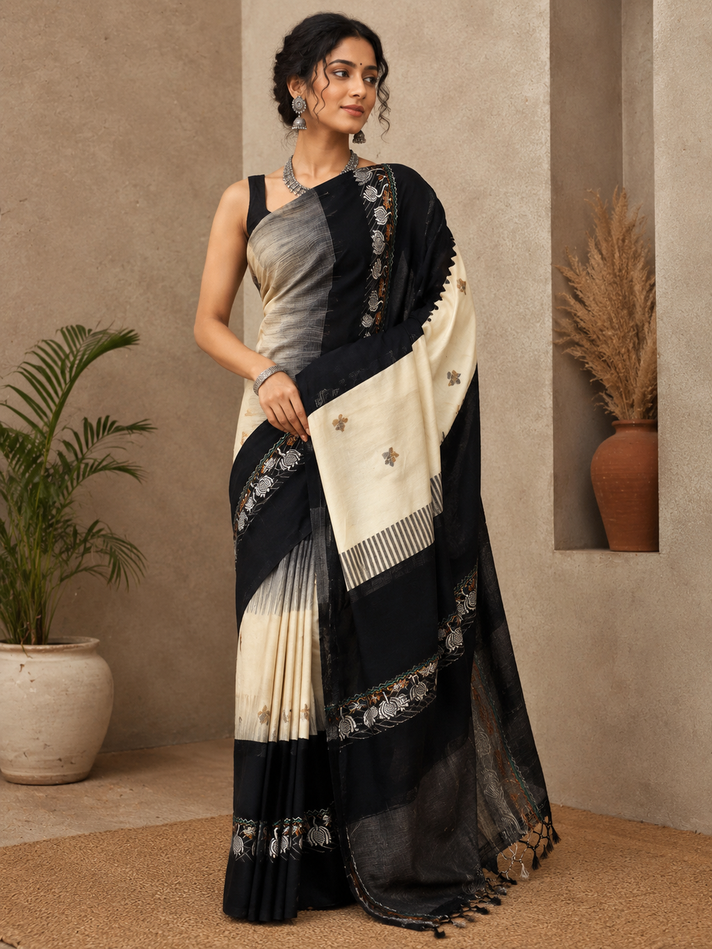 Mama Khadi - Black & Off-White Handloom Pure Khadi Cotton Saree with Kantha Embroidery Border
