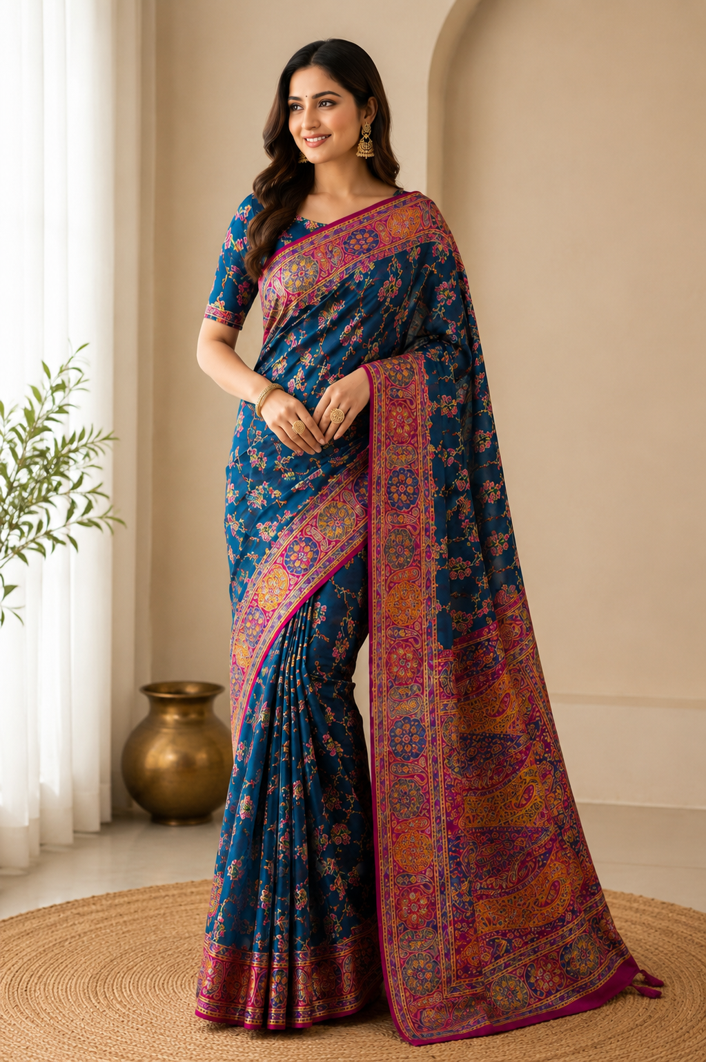 A woman modeling a blue patterned saree with a rich magenta and gold border, standing in a warm, neutral-toned indoor setting.